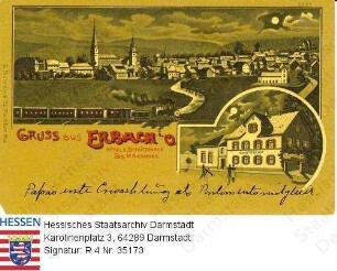Erbach im Odenwald, Panorama und Hotel zum Schützenhof bei Vollmond (Inhaber: W. Nieratzky)