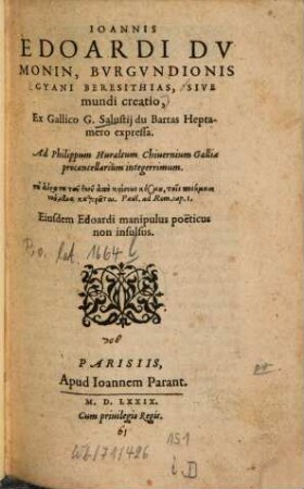 Joannis Edoardi Dumonin Beresithias, sive mundi creatio