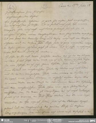 Eigenh. Brief von Christian Lassen an August Wilhelm von Schlegel, Paris, 17.07.1825