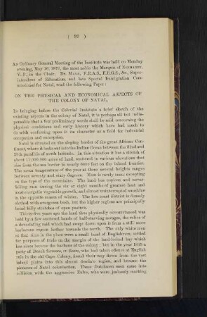 On the Physical and Economical Aspects of the Colony of Natal.