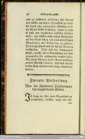 Zweyte Abtheilung. Von der allgemeinen Erziehungsart des neugebohrnen Kindes