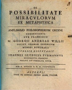 De Possibilitate Miracvlorvm Ex Metaphysica