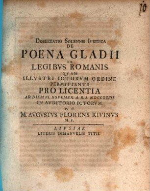 Diss. sol. iur. de poena gladii ex legibus Romanis