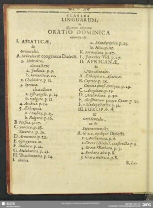 Classes Linguarum, In Quarum Idomata Oratio Dominica conversa est.