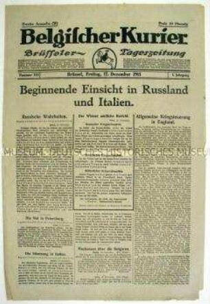 Deutsche Tageszeitung aus dem besetzten Belgien "Belgischer Kurier" u.a. mit Nachrichten von verschiedenen Fronten