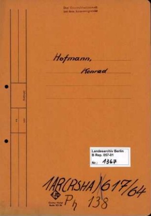 Personenheft Konrad Hofmann (*28.08.1895), Kriminaloberassistent