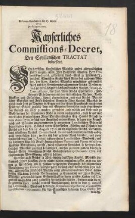 Kayserliches Commissions-Decret, Den Sevilianischen Tractat bedreffent : Dictatum Ratisbonnæ die 27. Martii 1730. per Moguntinum