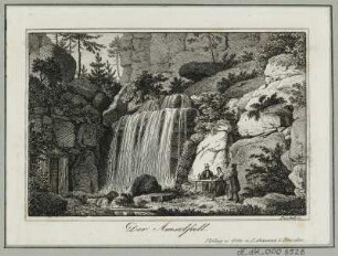 Ansicht vom Amselfall, Radierung. um 1825 : Der Amselfall / Pescheck sc. - Dresden : Otto u. Lehmann, [ca. 1825]. - 1 Kunstblatt : Radierung ; 10,8 x 7,3 cm