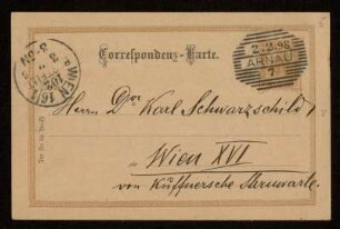Nr. 5 Postkarte von Samuel Oppenheim an Karl Schwarzschild. Arnau, 2.2.1898