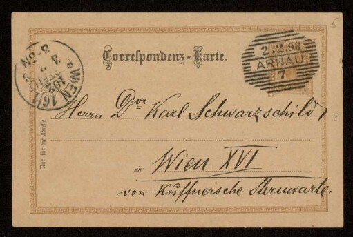 Nr. 5 Postkarte von Samuel Oppenheim an Karl Schwarzschild. Arnau, 2.2.1898