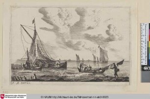 [Ufer eines Binnengewässers mit einer Ketsch, zwei kleineren Schiffen und Fischern; Shore of Inland Waterway with a Ketch, Two Smaller Boats and Fishermen]