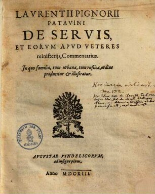 Laurentii Pignorii Patavini de servis, et eorum apud veteres ministeriis commentarius : in quo familia, tum urbana, tum rustica, ordine producitur & illustratur