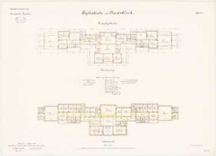 Universität Breslau Klinische Neubauten. Psychiatrische und Nervenklinik: Hauptgebäude: Grundriss 1. Obergeschoss 1:150, Dachgeschoss
