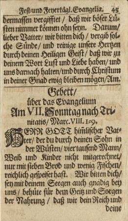 Gebett/ über das Evangelium Am VII. Sonntag nach Trinitatis/ ...