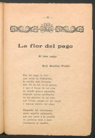 La flor del pago : Al buen amigo Raúl González Pondal.