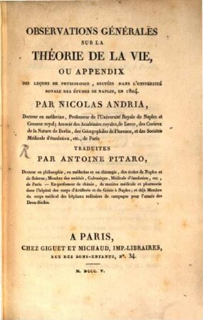 Observations générales sur la théorie de la vie
