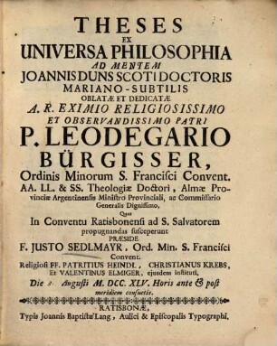 Theses ex universa philosophia ad mentem Joannis Duns Scoti, Doctoris Mariano-subtilis