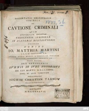 Dissertatio Inavgvralis Ivridica De Cavtione Criminali