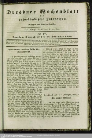 No. 17. Dresden, Sonnabend den 14. December 1839