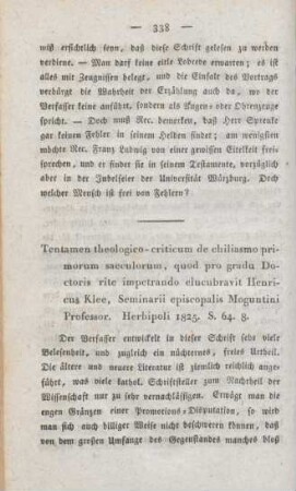 338-345 [Rezension] Klee, Heinrich, Tentamen theologico-criticum de Chiliasmo primorum saeculorum