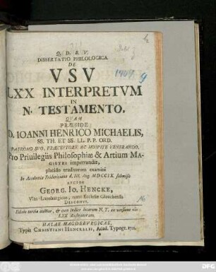 Dissertatio Philologica De Vsv LXX Interpretvm In N. Testamento