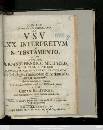 Dissertatio Philologica De Vsv LXX Interpretvm In N. Testamento