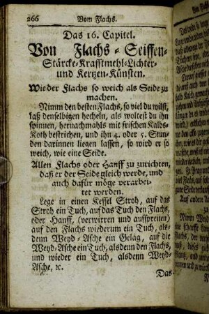 Das 16. Capitel. Von Flachs-Seiffen-Stärcke-Krafftmehl-Lichter- und Kertzen-Künsten.