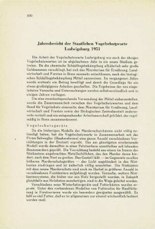 Jahresbericht der Staatlichen Vogelschutzwarte Ludwigsburg 1951