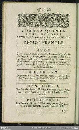 Corona Quinta Regii Honoris, Exhibens Originem Ex Sanguine Petinorum Regum Franciae