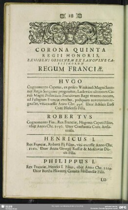 Corona Quinta Regii Honoris, Exhibens Originem Ex Sanguine Petinorum Regum Franciae