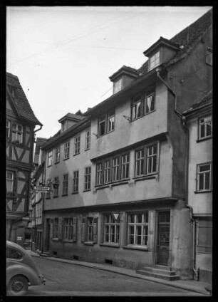 Blick auf Gebäude Rathausgasse Ecke Pfarrgasse (später Neubau LZB Bank) mit Schuhwaren Karl Dreßler