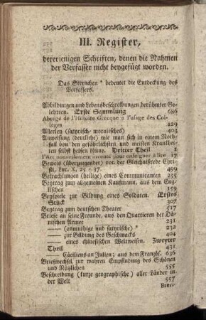 III. Register, dererjenigen Schriften, denen die Nahmen der Verfasser nicht beygefügt worden.