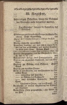 III. Register, dererjenigen Schriften, denen die Nahmen der Verfasser nicht beygefügt worden.