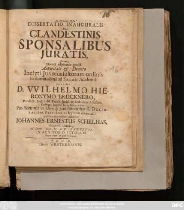 Dissertatio Inauguralis De Clandestinis Sponsalibus Iuratis