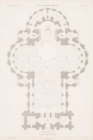 Thomaskirche, Berlin-Kreuzberg: Grundriss (aus: Atlas zur Zeitschrift für Bauwesen, hrsg. v. G. Erbkam, Jg. 21, 1871)