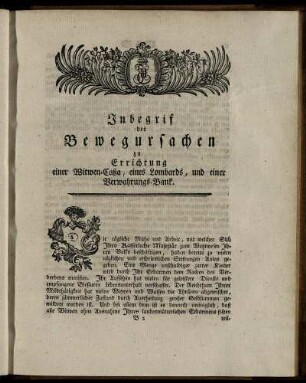 Inbegrif der Bewegursachen zu Errichtung einer Witwen-Caßa, eines Lombards, und einer Verwahrungs-Bank.