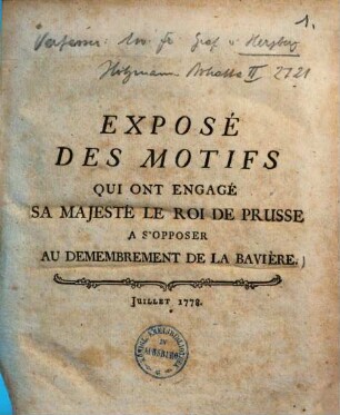 Exposé Des Motifs Qui Ont Engagé Sa Majesté Le Roi De Prusse A S'Opposer Au Demembrement De La Bavière