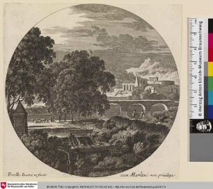 [Landschaft mit Wasserfall und Brücke; im Hintergrund eine Stadt]