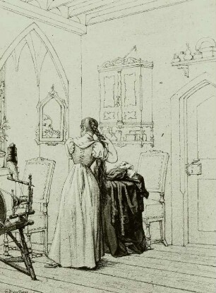 Haar flechtendes Mädchen im Zimmer : Georg Friedrich Kesting (1785-1847). Haar flechtendes Mädchen im Zimmer. Feder, aquarelliert, 24,5 x 18 cm, 1827. Verwalter, Museum der bildenden Künste Leipzig