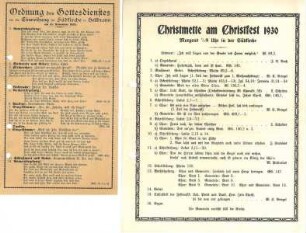 Gottesdienstordnung für die Einweihung 1925 und Programmzettel für die Christmette in der Südkirche 1930