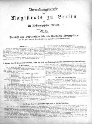 No. 19 Bericht der Deputation für die städtische Irrenpflege