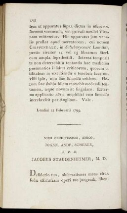 Viro Eruditissimo, Amico, Joann. Andr. Scherer, S. P. D. Jacobus Staudenheimer, M. D.