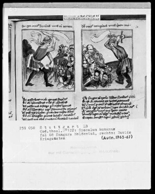 Zwei Schriften — Speculum humanae salvationis — Textseite mit zwei Miniaturen, Folio 68recto