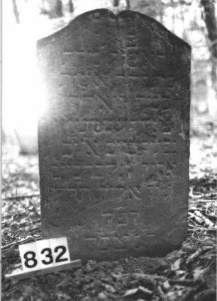 Grabstein 832 (Index: 99899237) Material: Sandstein Zustand: stark verwittert Maße HxBxT: 83x47x7 cm Beschreibung: Stele mit oben eingezogenem Konvexbogenabschluss: Grabstein 832