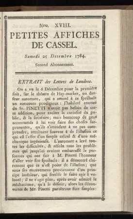 No XVIII (Samedi 25 Decembre 1784)