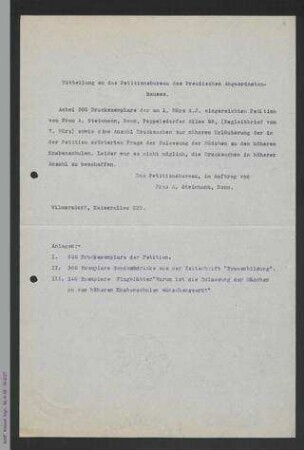 Mitteilung an das Petitionsbüro des Preußischen Abgeordnetenhauses und Massenpetition zur Zulassung von Mädchen an höheren Knabenschulen