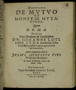 Disputatio De Mutuo Et Monetae Mutatione