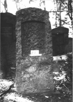 Grabstein 275 (Index: 99898571) Material: Granit Zustand: Schrifttafel verloren, sonst gut erhalten, Inschrift nicht erhalten Maße HxBxT: 175x73x30 cm Beschreibung: felsartig gearbeitete aufgesockelte Stele mit Segmentbogenabschluss, Schrifttafel verloren: Grabstein 275