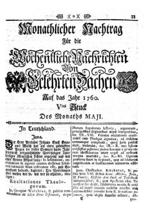 Monathlicher Nachtrag [...] Vtes Stuck Des Monaths Maji