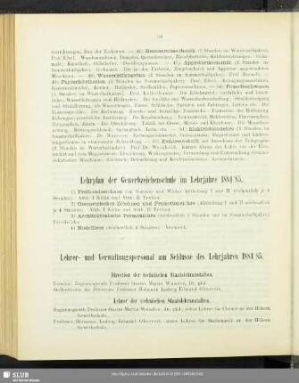 Lehrplan der Gewerbzeichenschule im Lehrjahre 1884/85